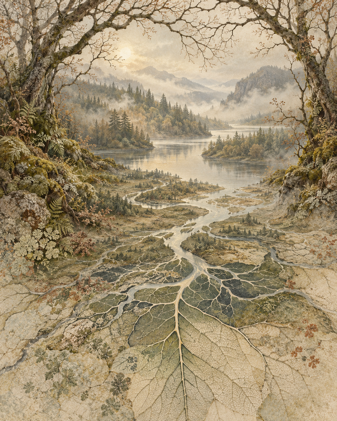 An imagined woodland whose river gradually becomes the intricate veins of a leaf.